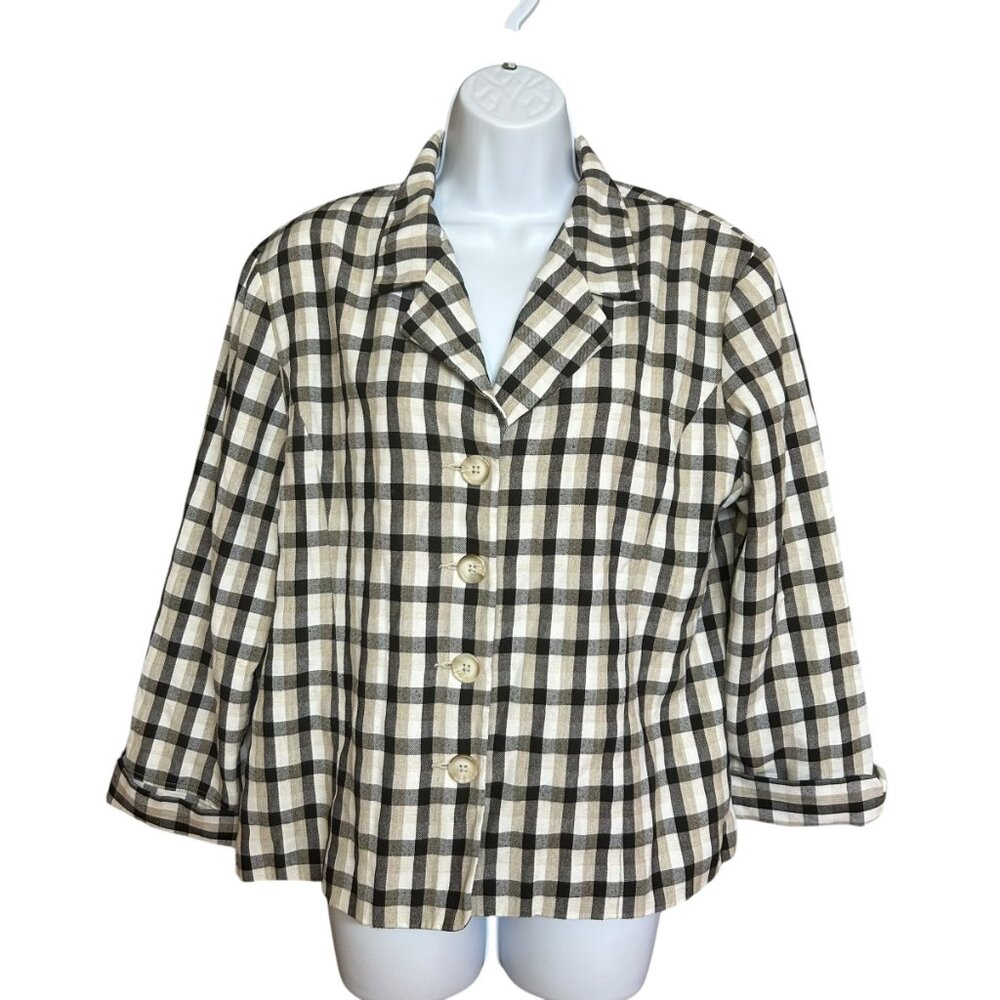 Dressbarn Brown Black White Plaid Button Front Cuffed Sleeve Blazer Size L